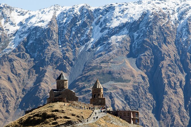 From Tbilisi: Kazbegi Day Tour, Gergeti Trinity, Ananuri &Gudauri - Stop 1: Zhinvali Water Reservoir and the church that shows up in winter